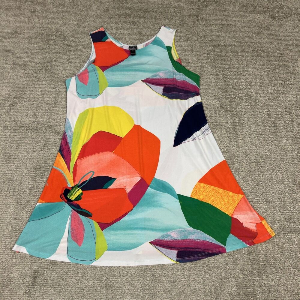 Clara Sun Woo Dress Womens 1X Floral Sleeveless A-Line Swing USA Vacation Resort